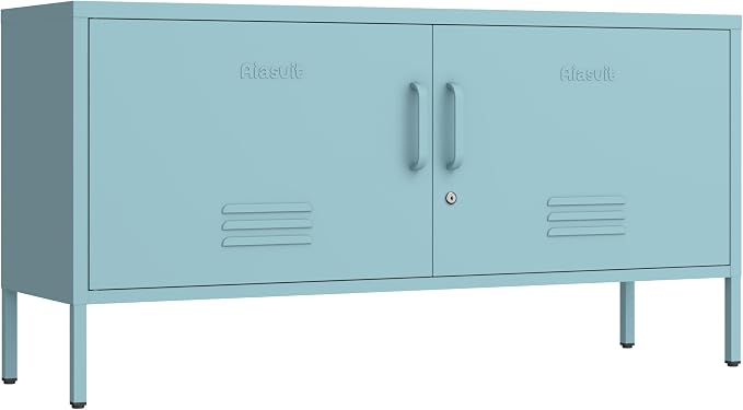 Wide Lockable Metal TV Stand with Accent Cabinet Locker, Heavy Duty Entertainment Center for Bedroom, Adjustable Shelves & 2 Doors, Multifunctional Storage Cabinet for Home 22"H X 35.4"W X 13.8"D