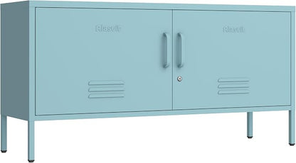 Wide Lockable Metal TV Stand with Accent Cabinet Locker, Heavy Duty Entertainment Center for Bedroom, Adjustable Shelves & 2 Doors, Multifunctional Storage Cabinet for Home 22"H X 35.4"W X 13.8"D
