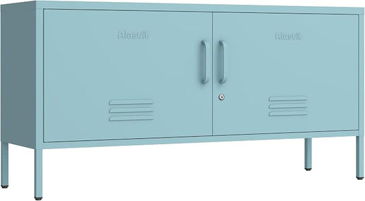 Wide Lockable Metal TV Stand with Accent Cabinet Locker, Heavy Duty Entertainment Center for Bedroom, Adjustable Shelves & 2 Doors, Multifunctional Storage Cabinet for Home 22"H X 35.4"W X 13.8"D