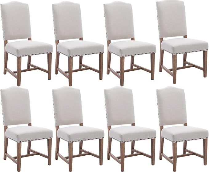 Ealson Farmhouse Dining Chairs Set of 8 with Wood Legs & Nailhead Trim - Mid Century Modern High Back Padded Parson Chairs in Linen Beige