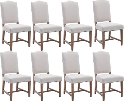 Ealson Farmhouse Dining Chairs Set of 8 with Wood Legs & Nailhead Trim - Mid Century Modern High Back Padded Parson Chairs in Linen Beige