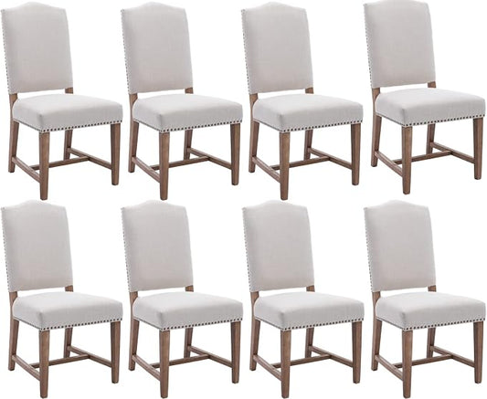 Ealson Farmhouse Dining Chairs Set of 8 with Wood Legs & Nailhead Trim - Mid Century Modern High Back Padded Parson Chairs in Linen Beige