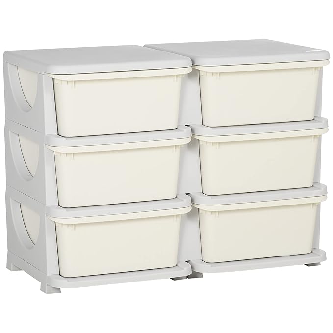 Qaba 3 Tier Kids Storage Unit, Toy Organizers and Storage with 6 Drawer Chest for Kids Bedroom Nursery Kindergarten Living Room for Boys Girls Toddlers, Cream White