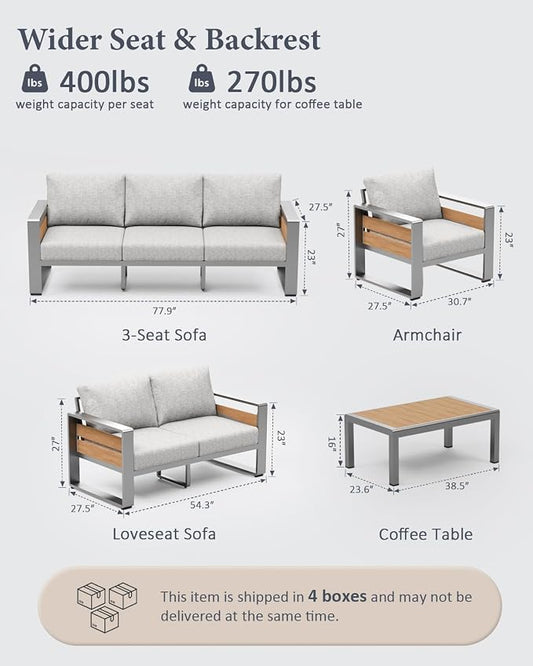 ZANDOR Aluminum Outdoor Patio Furniture-Armchair with Table,Sliver | Rustproof,High weight capacity,Water-repellent,Washable Cover,All-Weather Resistant,Easy clean,for Poolside Backyard Deck