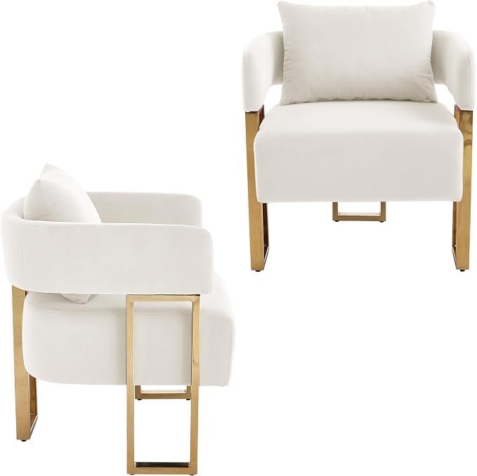 YISHENG Modern Barrel Accent Chairs Set of 2, Living Room Side Chairs with Golden Metal Legs Velvet Upholstered Reading Armchairs no Wheels for Vanity/Reception Room//Bedroom/Lounge/Office, White