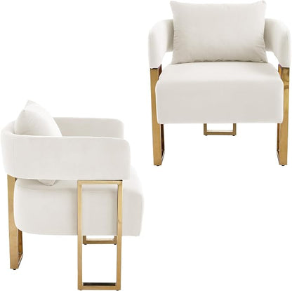 YISHENG Modern Barrel Accent Chairs Set of 2, Living Room Side Chairs with Golden Metal Legs Velvet Upholstered Reading Armchairs no Wheels for Vanity/Reception Room//Bedroom/Lounge/Office, White