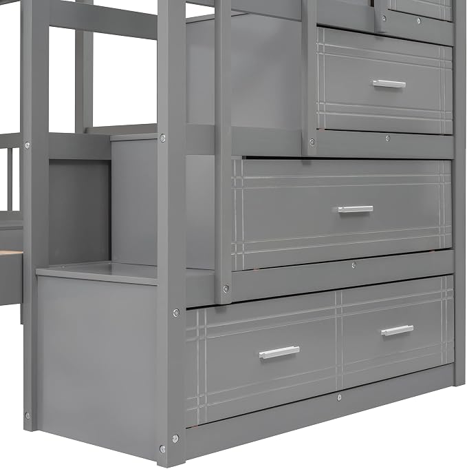 VilroCaz Upgraded Version Full Over Twin & Twin Bunk Bed, Solid Wood Triple Bunk Bed with Storage Drawers and Staircase, Strong Sturdy Bunk Bed Frame with Guardrails for Kids Teens Aldults (Gray-U)