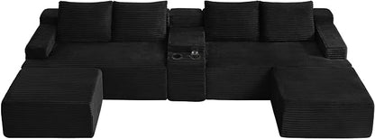 ivoros 140 Inch Modular Sectional Sofa Couch, Oversized Modern Cloud Couch for Living Room, U Shape Couches with 2 Ottomans and Cup Holders,Black Corduroy Boneless Sofas,Sofa in a Box