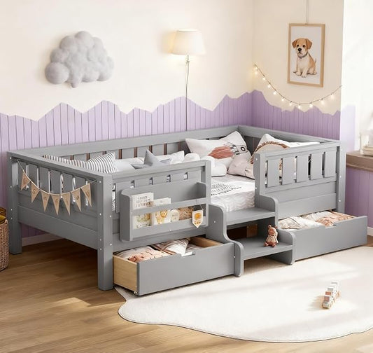 Bellemave Twin Size Kids Bed with high Rails and with Built-in Bookshelf and Drawers for Kids, Girls, Boys, Wood Montessori Bed Without Door, Gray