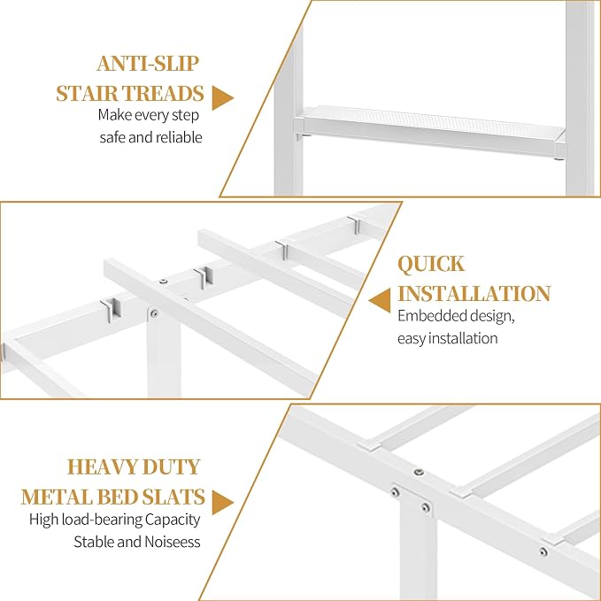 Bunk Bed Twin Over Twin with Ladders and Guardrail,Metal Bunk Bed Frame | Heavy Duty Metal Bunk Beds,400 lbs Capacity,Space Saving Furniture for Bedroom Dorm,No Spring Box Required,White