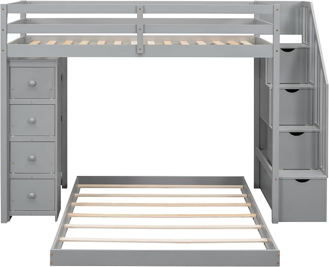 Ball & Cast Twin Over Full Bunk Bed with Safty Guardrail & Storage Stairs,Wood Bedframe W/ 3-Layer Shelves & Drawers,Easy Assembly,Space Saving,Compact Bedroom Furniture Set for Boy Girl Teens,Gray