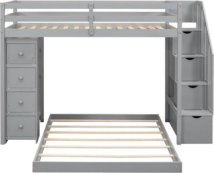 Ball & Cast Twin Over Full Bunk Bed with Safty Guardrail & Storage Stairs,Wood Bedframe W/ 3-Layer Shelves & Drawers,Easy Assembly,Space Saving,Compact Bedroom Furniture Set for Boy Girl Teens,Gray