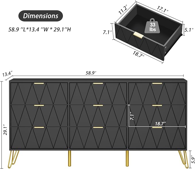 Anbuy Bedroom Sets 3 Piece 9+2+2 Black 9 Drawer Dresser & Nightstands Set of 2 for Bedroom, Two Drawers Nightstand Set of 2 and 9 Drawer Dresser Combo 3 Pieces
