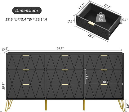 Anbuy Bedroom Sets 3 Piece 9+2+2 Black 9 Drawer Dresser & Nightstands Set of 2 for Bedroom, Two Drawers Nightstand Set of 2 and 9 Drawer Dresser Combo 3 Pieces