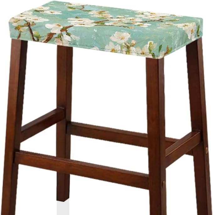 Almond Tree Oil Painting Bar Stool Seat Covers Turquoise Vanity Chair Cover Rectangle 2 Pack Soft Fabric Stretch Bar Stool Covers with Elastic Band