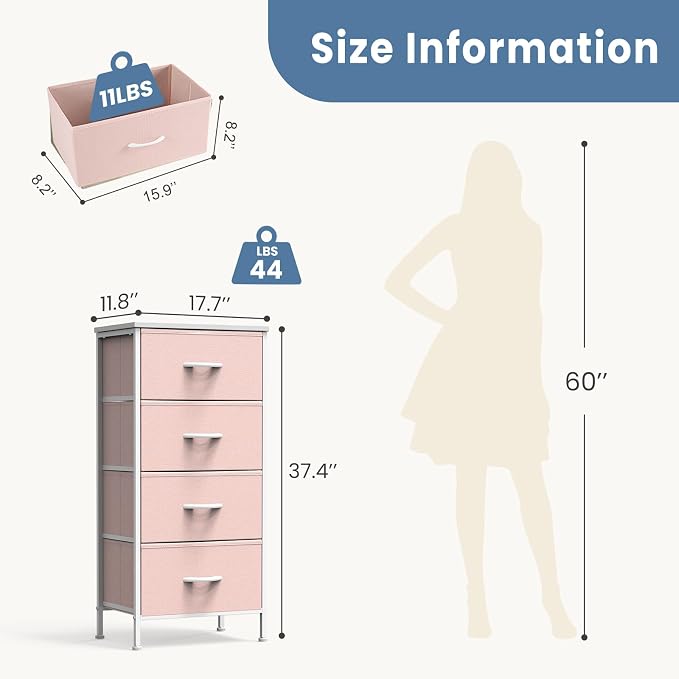 DUMOS Nightstand with 4 Drawers Bedside Table with Removable Fabric Bins Sturdy Steel Frame Wood Top Organizer Furniture for Bedroom Closet Living Room,Pink