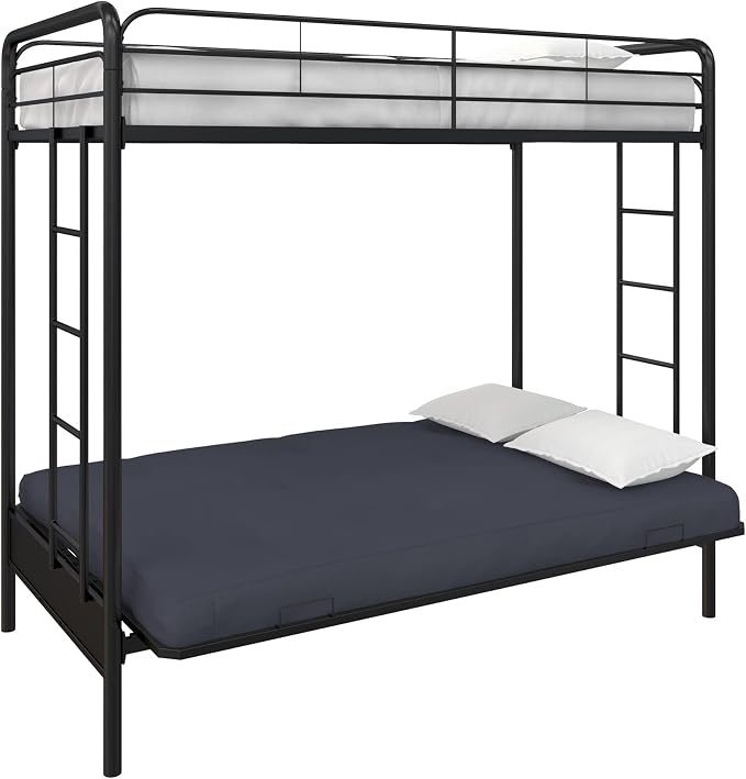 DHP Twin-Over-Futon Convertible Couch and Bed with Metal Frame, Ladder and Guardrails - Black