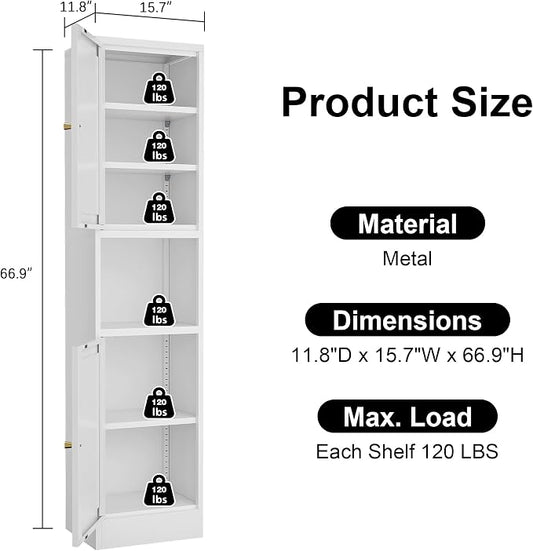 Tall Narrow Storage Cabinet,Metal Pantry Cabinet with Ajustable Shelves Open Countertop, Slim Sideboard for Small Spaces, Living Room, Kicthen, Dining Room, White