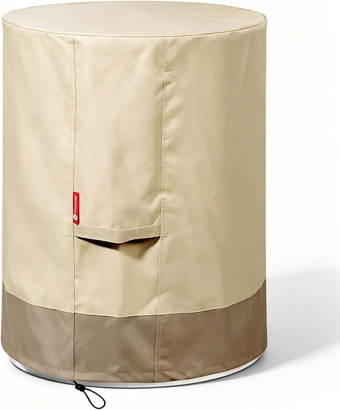 SheeChung Fire Pit Cover Round 24" D x 27" H,Waterproof 600D Material,Beige | PVC Inner Coating,Heavy Duty Outdoor Firepit Cover,Tear & Fade Resistant,Fit 20"-24"Tall Firepit Table,Adjustable Draw-string
