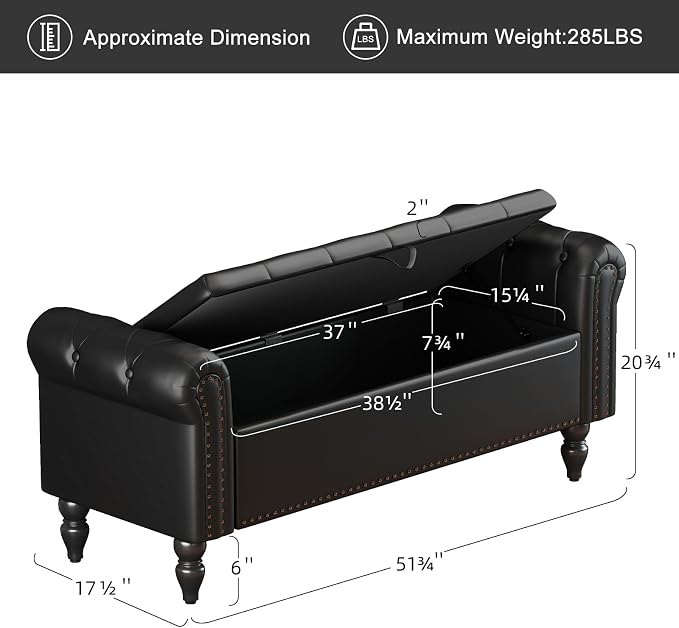 Furniliving 51” End of Bed Bench, Bedroom Bench with Button-Tufted, Large Upholstered Storage Ottoman Benches Entryway Bench with Storage Shoe Cabinet Bench, for Bedroom, Living Room, PU, Black