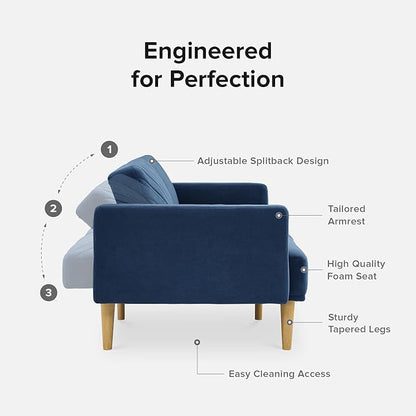 mopio 76.4" Futon Sofa Bed, Couch, Loveseat, Sleeper Sofa, Mid Century Modern Futon Couch, Sofa Cama, Couches for Living Room (Classic Blue Velvet)