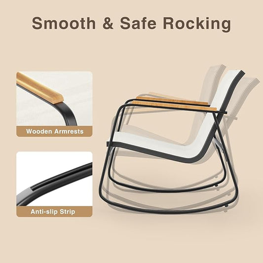 Ahomly 3 Pieces Patio Furniture Set, Outdoor Textilene Furniture Set with Wooden Armrests, Coffee Table with Tempered Glass Tabletop, Patio Chairs for Lawn, Balcony, White