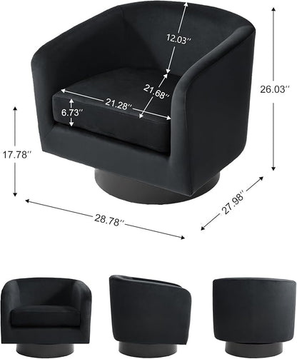 Swivel Barrel Accent Chair, Modern Round Chenille Fabric Arm Chair for Living Room, Bedroom, Comfy Club Reading Chairs for Adults（Velvet Black, Set of 1