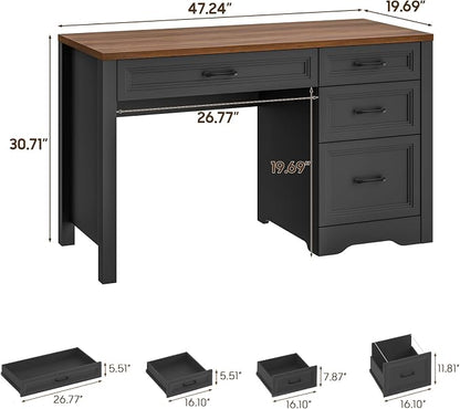 Vabches Farmhouse Executive Desk with Storage and Ample File Drawer, Rustic Large Home Writing Desk for Bedroom, Dark Brown