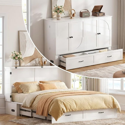 PUREMIND Queen Murphy Bed Cabinet, Multi-Functional Hideaway Cabinet Bed with Storage Drawer, USB Charging Ports and Folding Bedside Panel, Space Saving Chest Beds Wallbed for Guest Room, No Mattress