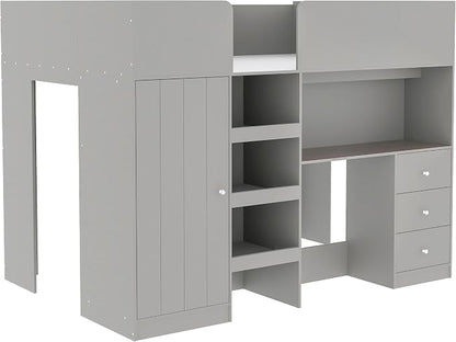 Ball & Cast Twin Size House Shape Loft Bed with Ladder & Safety Guardrail,Wooden Platform Bedframe W/Wardrobe & Under-Bed Play Space,Space-Saving,No Box Spring Needed,for Boy Girl Teens Bedroom,Grey