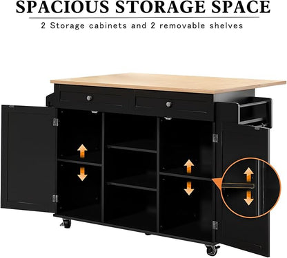 HLR Kitchen Island On Wheels, Black Rolling Kitchen Island Cart with Drop Leaf Countertop, Barn Door Kitchen Islands Table with Storage Cabinet and Tower Rack, Island Table for Kitchen