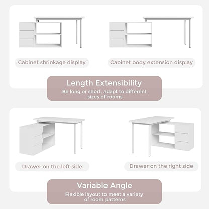Home Office Computer Desk Corner Desk with 3 Drawers and 2 Shelves, 53-inch L-Shaped Study Desk with Storage, White