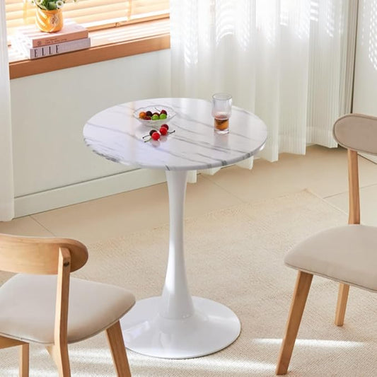 Round Dining Table, 24" Circle Tulip Table with Thickened Tabletop & Metal Pedestal, Mid Century Modern Bistro Table for Kitchen, Small Places, Living Room, Cafe (Faux Marble White)