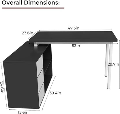 Home Office Computer Desk Corner Desk with 3 White Drawers and 2 Shelves, 53-inch L-Shaped Study Desk with Storage, Black + White