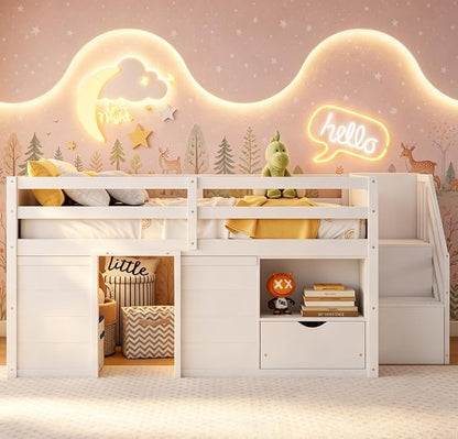 Bellemave Full Size Low loft Bed for Kids,Wood Loft Beds,Modern Farmhouse Full loft Bed,Loft Bed with Desk and Storage, No Box Spring Needed,for Kids, White and Natural