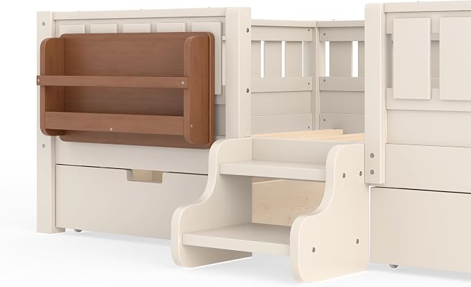 Bellemave Full Floor Bed with Stairs, Rails and Slats, Full Size Montessori Floor Bed with Bookshelf and 2 Storage Drawers, Easy Assemble Montessori Beds Frame for Girls, Boys, Light Beige