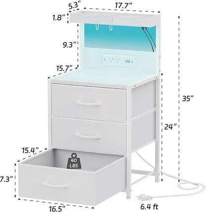 Night Stand with Charging Station Set of 2, LED Nightstand Bedside Table with USB Ports and Outlets, 3 Fabric Drawer End Side Table Night Stand Set 2 for Bedroom with Storage Shelf and 2 Hooks, White