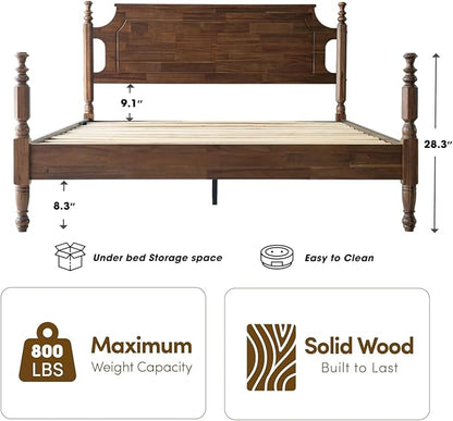 Solid Wood King SizePlatform Bed Frame with Headboard & Footboard, Center Metal Legs, 12 Sturdy Slats Base, Easy Assembly, No Box Spring Needed, Anti-Noise & Slip-Free, Walnut Finish, ROK-37