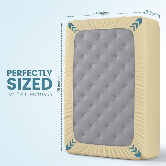 Twin Size Mattress Protector Waterproof, Premium 200 GSM Terry Mattress Cover, Soft & Breathable Bed Cover, Fitted Sheet Style Stretchable Deep Pockets 15" by Utopia Bedding (Beige)