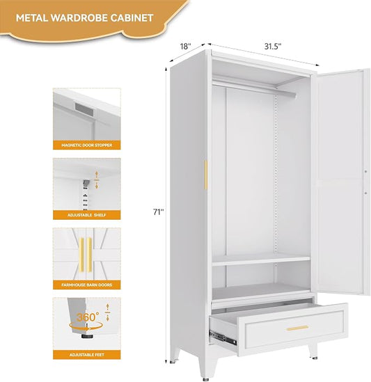 Metal Wardrobe Closet for Bedroom, 71" Freestanding Armoire Wardrobe with Drawer and Shelf, Hanging Rod Clothing Storage Cabinet with Two Doors, Tall Farmhouse Clothes Cabinet Bedroom Armoires