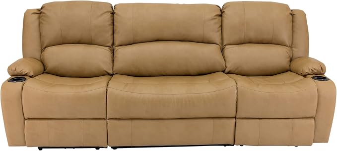RecPro Charles 94" Powered Triple RV Wall Hugger Recliner Sofa with Drop Down Console, RV Furniture with Upgraded 2023 Suprima Leather Fabric Blend, Toffee