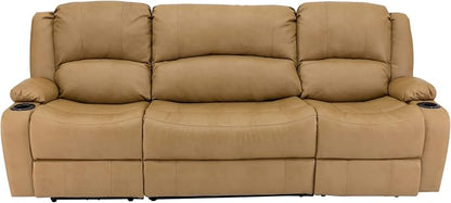 RecPro Charles 94" Powered Triple RV Wall Hugger Recliner Sofa with Drop Down Console, RV Furniture with Upgraded 2023 Suprima Leather Fabric Blend, Toffee