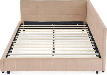 Bellemave Queen Size Corner Bed Frame with Comfortable Backrest and Armrests, Velvet Tufted Corner Bed Frame Queen Size, Upholstered Daybed for Bedroom, Living Room, Guest Room, Pink