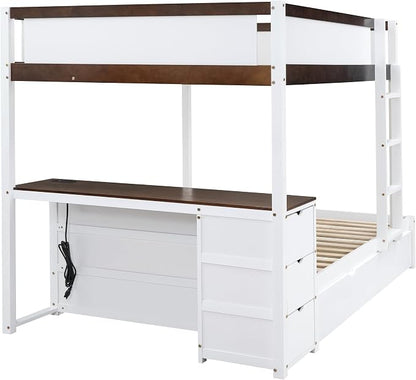 Ball & Cast Full-Over-Full Bunk Bed with Twin Size Trundle,Solid Wood Bedframe W/Desk & Drawers,USB,Space Saving,Easy Assembly,Multifunctional Bedroom Furniture Set for Boys Girls Teens,White+Walnut