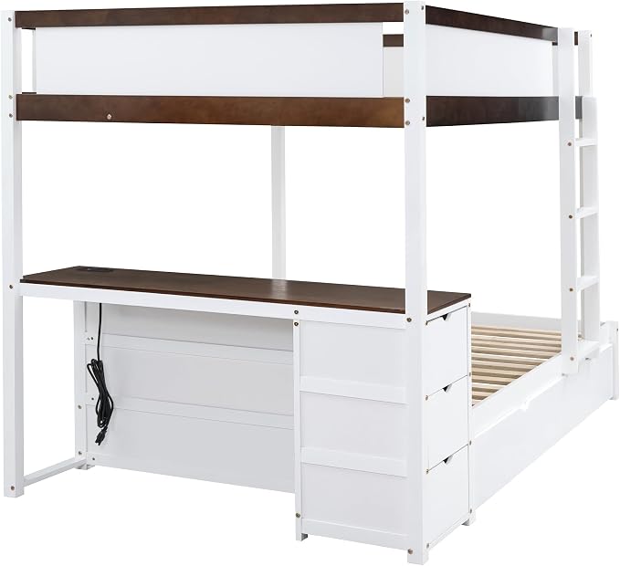 Harper & Bright Designs Full Over Full Bunk Bed Twin Size Trundle, Wood Full Bunk Bed with USB Ports, Storage and Desk, White+Walnut