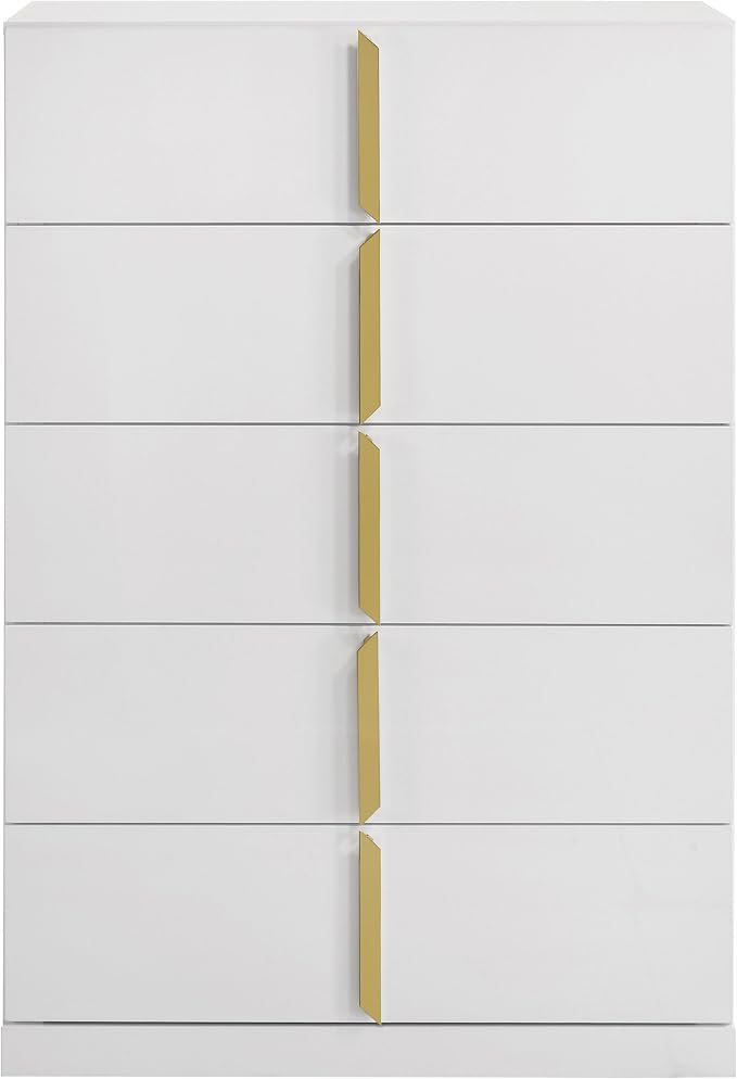Coaster Home Furnishings - INES - Wood - 5-Drawer Chest with Vertical Gold Pulls, English Dovetail Joinery and Contemporary Design - Bedroom - White High Gloss - 223095