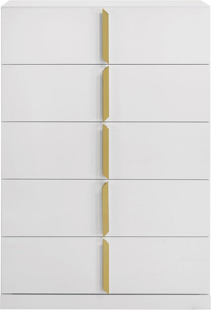 Coaster Home Furnishings - INES - Wood - 5-Drawer Chest with Vertical Gold Pulls, English Dovetail Joinery and Contemporary Design - Bedroom - White High Gloss - 223095