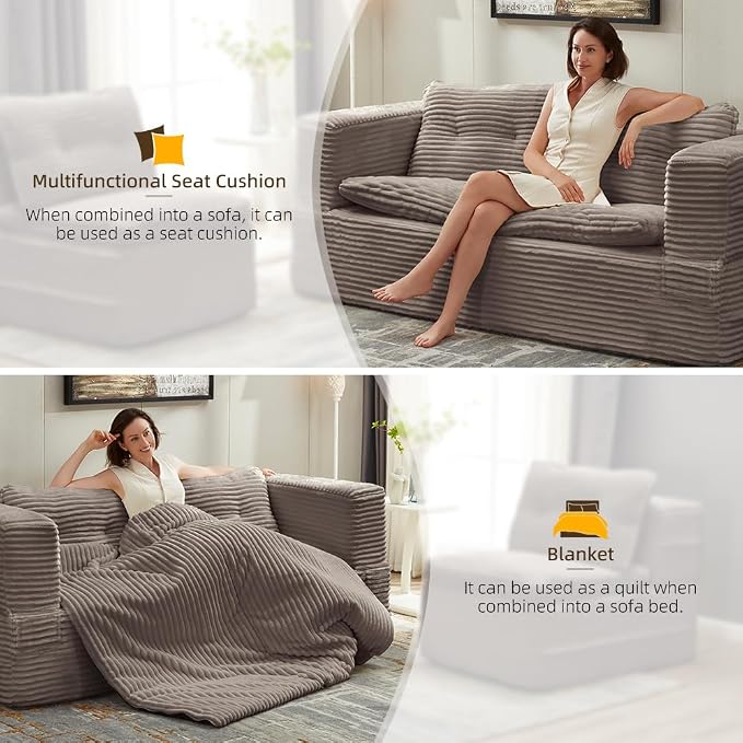 80'' Futon Sofa Bed, King Size Foldable Sleeper Sofa, Corduroy Boneless Loveseat Couch with Chaise Lounge, 3 Pillows, Blanket, Upholstered Sectional Couches for Living Room, Bedroom, Coffee