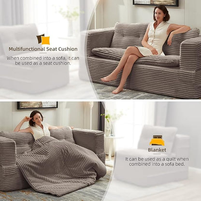 80'' Futon Sofa Bed, King Size Foldable Sleeper Sofa, Corduroy Boneless Loveseat Couch with Chaise Lounge, 3 Pillows, Blanket, Upholstered Sectional Couches for Living Room, Bedroom, Coffee