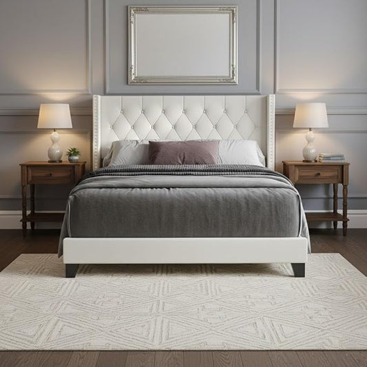 HOME DESIGN Homer Queen Tufted Wingback Upholstered Panel Bed with 2 Matching 1 Drawer Nightstands, Bedroom Furniture Set with Open Shelf Storage, Light Beige Brown